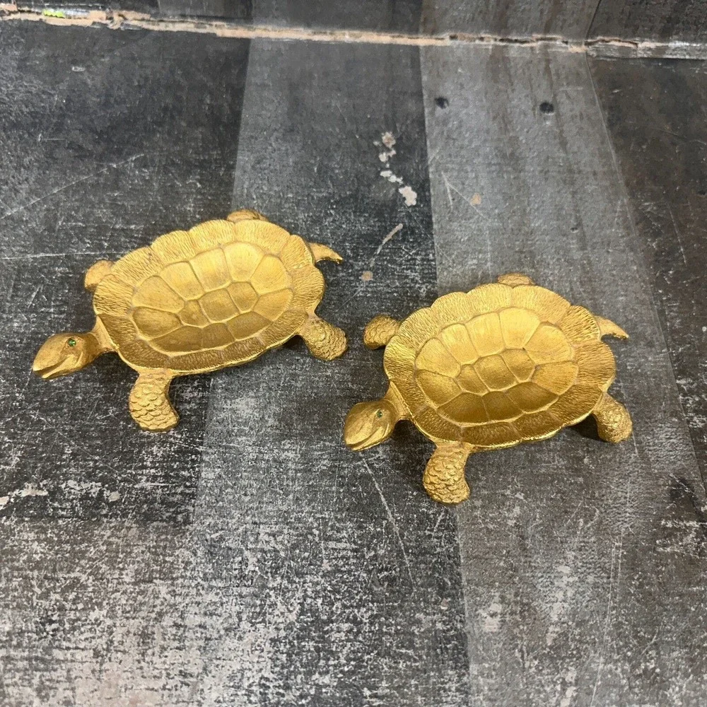 Vintage Polly Bergen Goldtone Turtle w/ Rhinestone Eyes Soap Pin Dish‎ Lot of 2